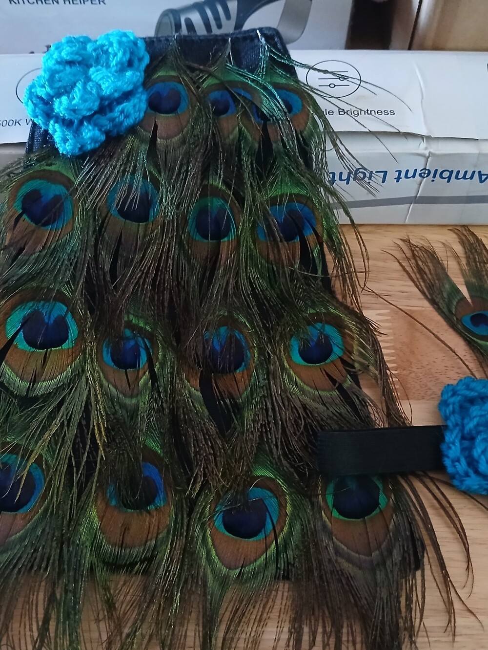 Peacock Feather Decorative Cape And Headband with Blue Crochet Flower